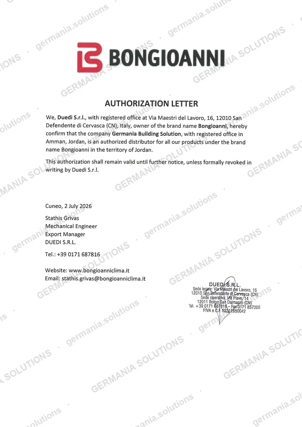 Bongioanni (Italy) authorisation letter naming Germania Building Solutions as an authorised distributor for Bongioanni products in Jordan