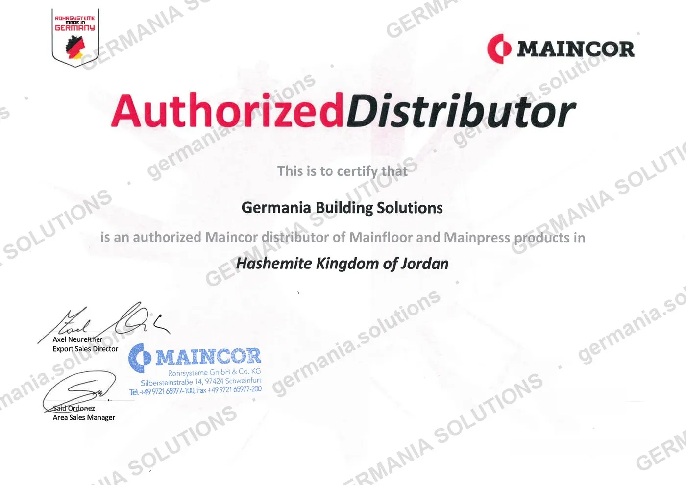 Maincor (Germany) authorised distributor certificate naming Germania Building Solutions as an authorised distributor of Mainfloor and Mainpress products in the Hashemite Kingdom of Jordan